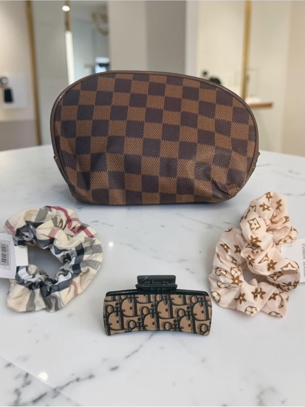 Brown Neutral Accessory Bundle – Pouch, 4 Petite Scrunchies & Hair Clip